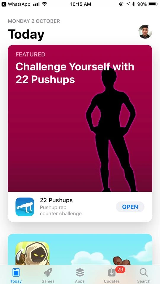 22 pushups iOS11 Today feature