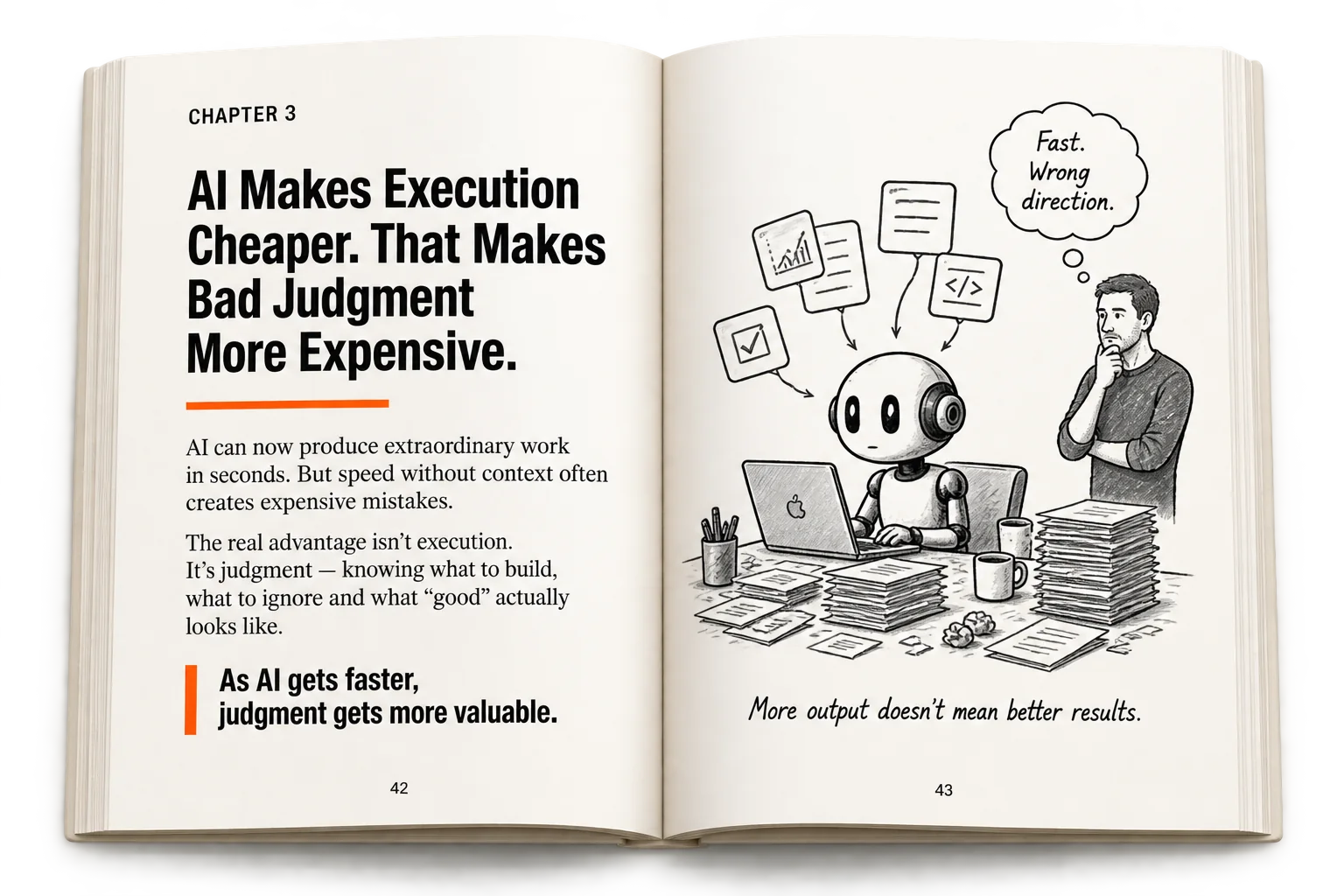 Open book spread explaining why cheaper AI execution makes bad judgment more expensive